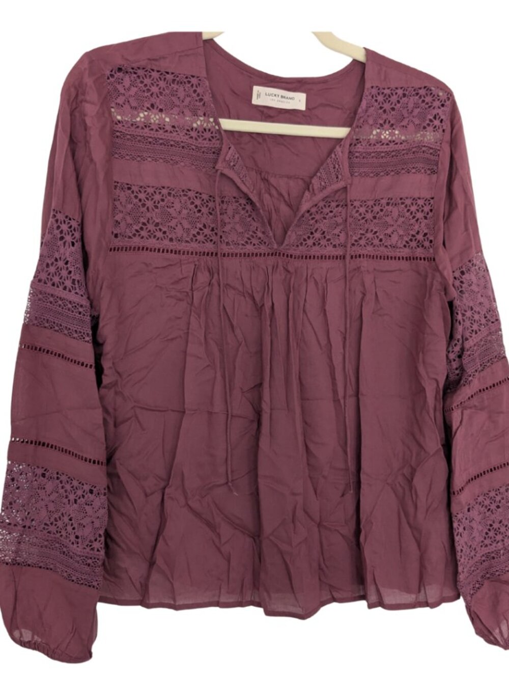 Lucky Brand Mauve Lace Boho Blouse | Long Sleeve Peasant Top |